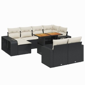 vidaXL Patio Sofa Set with Cushions Outdoor Furniture 11 Piece Poly Rattan - Black and Cream Wood - 1 of 4