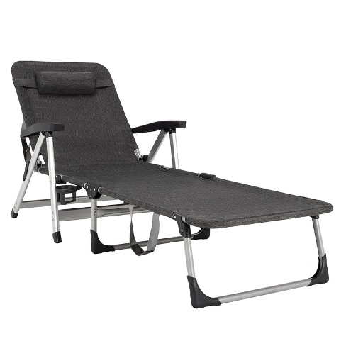 Tangkula Folding Camping Cot Adjustable 7 position Lounge Chair w Removable Headrest Cup Holder Grey