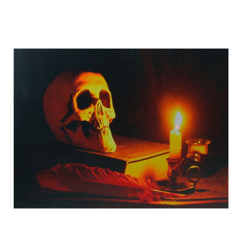 Northlight 15.75" Halloween Prelit LED Antique Candle and Skull Canvas Wall Art - Black/Orange, 1 of 5