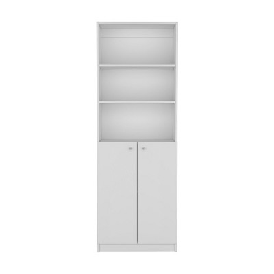 HomeRoots 71" White Wood Three Tier Bookcase with Two Doors