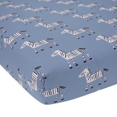 Lambs & Ivy Signature Zebra Blue Organic Cotton Breathable Fitted Crib Sheet