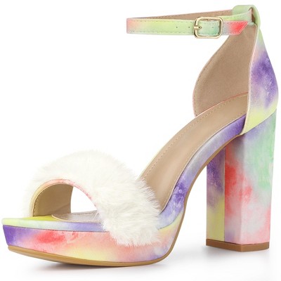 Perphy Women's Tie Dye Platform Fur Chunky Heels Sandals