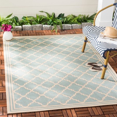 Aqua and Cream Square Synthetic Indoor/Outdoor Rug