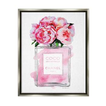 Stupell Industries Glam Perfume Bottle V2 Flower Silver Pink Peony Jet Black Framed Floating Canvas Wall Art, 16x20, by Amanda Greenwood, Size: 16 x