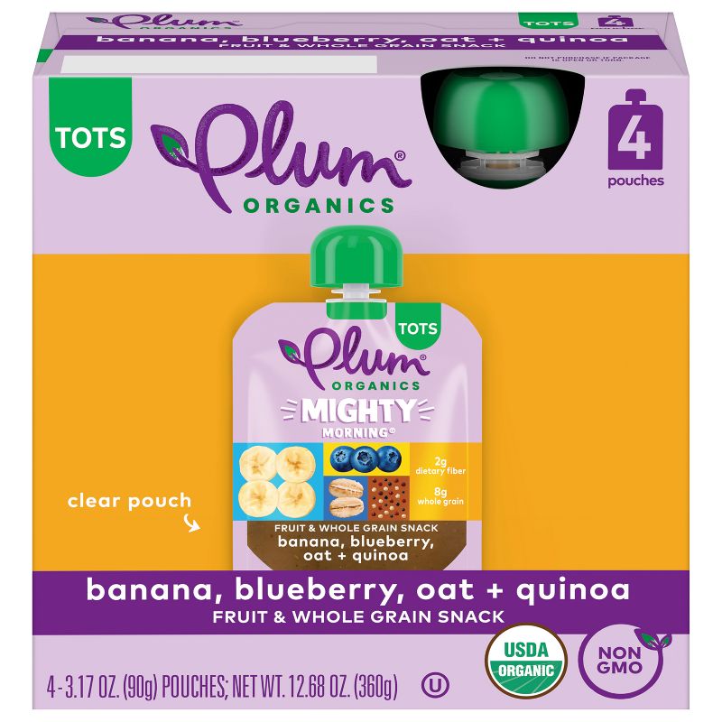 Plum Organics Toddler Food Mighty Morning - Banana Blueberry Oat Quinoa - 3.17oz, 1 of 14