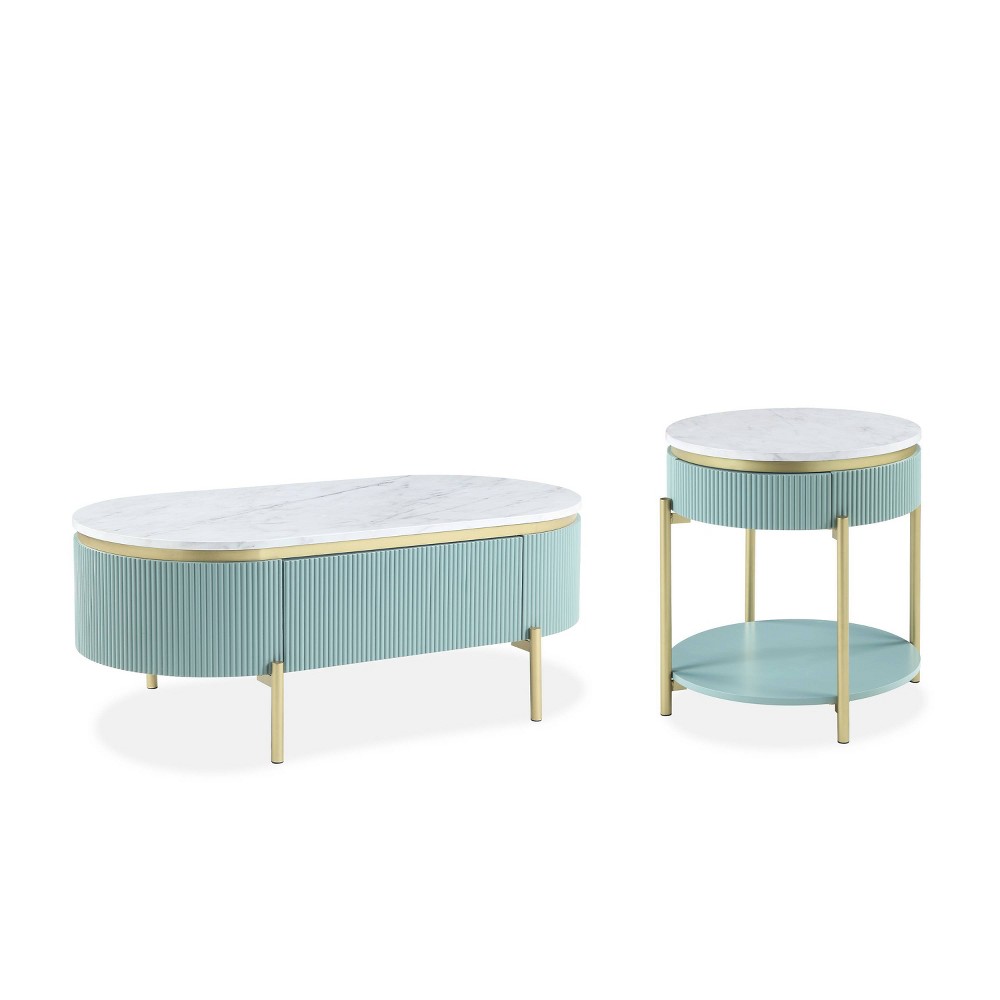 Photos - Storage Combination 2pc Cartehena Faux Marble Coffee and End Table Set Light Teal Blue - HOMES