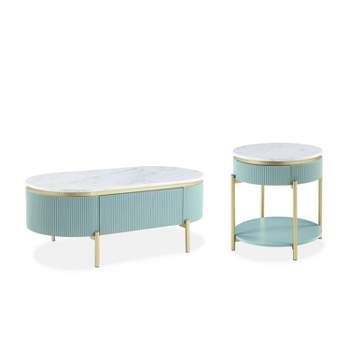 2pc Cartehena Faux Marble Coffee and End Table Set Light Teal Blue - HOMES: Inside + Out
