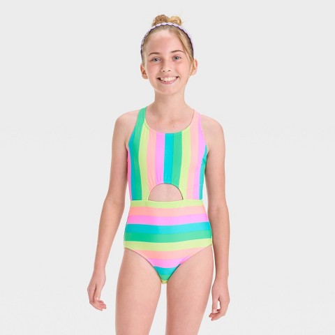 Cat & Jack Girls' Sandy Island Rainbow Striped One Piece Swimsuit - Cat & Jack™ M