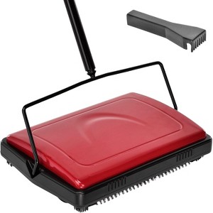 Manual Carpet Sweeper with Triple Brush, Non-Electric Multi-Surface Floor Cleaner for Easy Sweeping on Carpeted Floors (Red) - 1 of 4