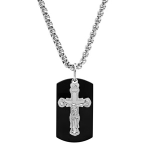Steeltime 24" Men's stainless steel sandblast crucifix and black ip dog tag pendant necklace - 1 of 4