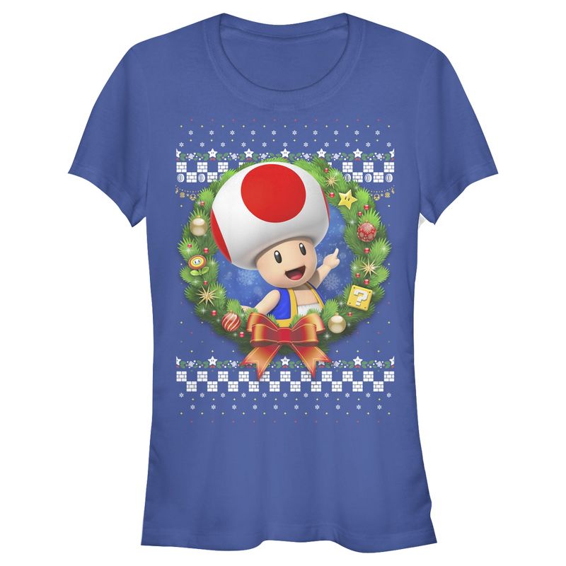 Juniors Womens Nintendo Christmas Toad Wreath T-Shirt, 1 of 4
