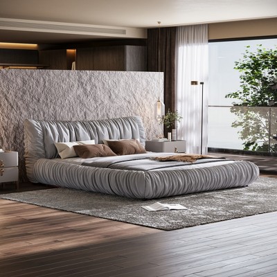 King Size Upholstered Platform Bed with Removable Cushion and Solid Wood Frame