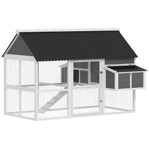 PawHut Chicken Coop with Run, Large Wooden Chicken House with 2 Nesting Boxes, 2 Roosting Bars, Ramp & Tray, Poultry Cage for 6-8 Chickens, Gray - 1 of 4