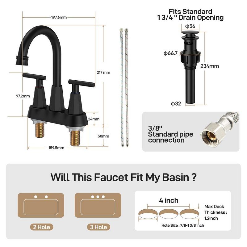 Whizmax Bathroom Faucets for Sink 3 Hole, 4 inch Centerset Brushed Nickel Bathroom Sink Faucet with Pop-up Drain and 2 Supply Hoses, 3 of 8