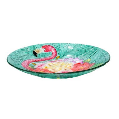 Tropical Flamingo Fusion Glass Birdbath with Metal Stand