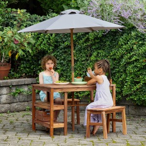 Martha Stewart Kids Outdoor Craft Table, 2 Benches & Umbrella Set: Acacia Wood Activity Desk w/ Storage, Kids Play Table & Bench for Backyard, Garden - 1 of 4