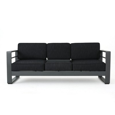 Christopher Knight Home Cape Coral 76" Outdoor Aluminum 3 Seater Sofa with Tray, Dark Gray/Gray