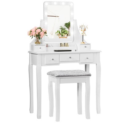 Tangkula Detachable Vanity Table Set Makeup Table with Mirror &Cushioned Stool WhiteBlackBrown
