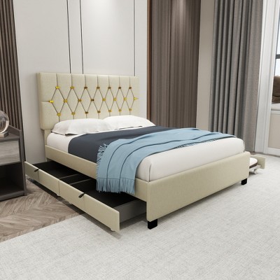 Queen Size Upholstered Platform Bed with Trundle and Storage Drawers