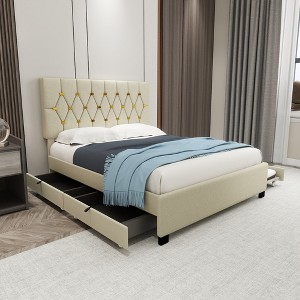 Queen Size Upholstered Platform Bed with Trundle and Storage Drawers - 1 of 4