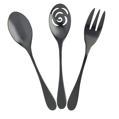 Knork 3 Piece Stainless Steel Titanium Alloy Dishwasher Safe Kitchen Flatware Serving Set with Serving Spoon, Slotted Spoon, & Meat Fork, Matte Black