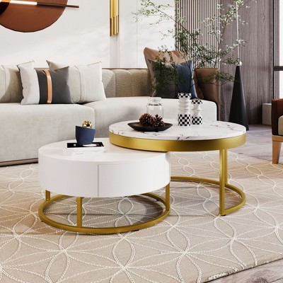 CAVINAS Coffee Tables for Living Room Modern 31.5" Round Coffee Table Lift-top Nesting Coffee Tables with 2 Drawers and Storage