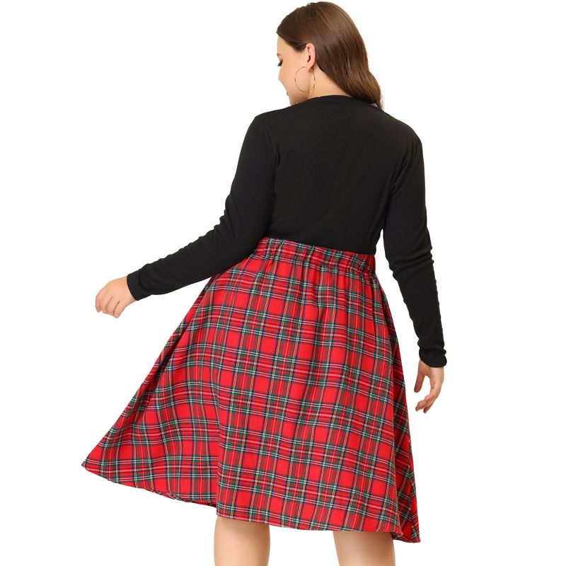 Agnes Orinda Women's Plus Size Velvet Plaid Elastic Waist Flare Fall A Line Skirts, 4 of 6