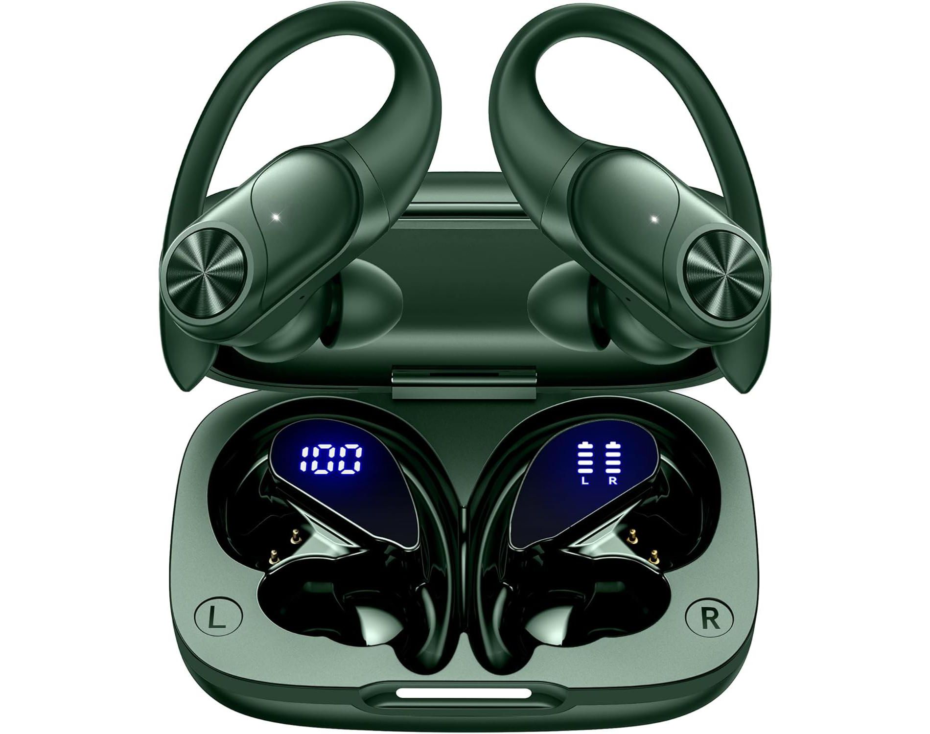 VEAT00L V6 Bluetooth Headphones Wireless Earbuds 88Hrs Playback Sport Ear Buds with Earhook Digital Display Charging Case