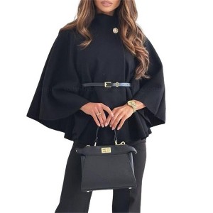 Coolmee Women's Batwing Sleeve Pea Coats Oversized Belted Trendy Casual Stand Collar Cloak Cape Coats - 1 of 4