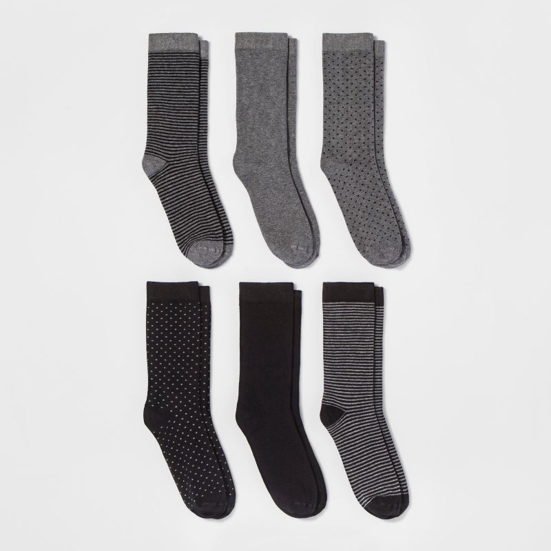 Women&#39;s Multipattern 6pk Crew Socks - A New Day&#8482; Black/Gray 4-10, 1 of 3