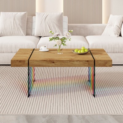 NicBex Rectangular Wooden Top Coffee Table with Tempered Glass Legs,DIY Sticker Center Table for Living Room,Living Room Furniture,Wood
