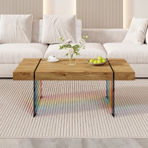 CAVINAS Rectangular Wooden Top Coffee Table with Tempered Glass Legs,DIY Sticker Center Table for Living Room,Living Room Furniture,Wood - 1 of 4