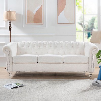 CAVINAS Chesterfield Sofa with Rolled Arm, Modern PU Leather 3 Seater Sofa Couch, Upholstered Vintage Couch for Living Room