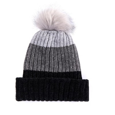 Shiraleah Bates Black and Grey Beanie Hat with Faux Fur Pom