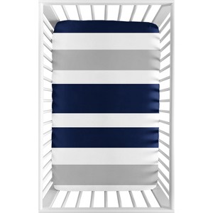 Sweet Jojo Designs Boy or Girl Gender Neutral Unisex Baby Fitted Mini Crib Sheet Stripe Navy Blue Grey and White - 1 of 4