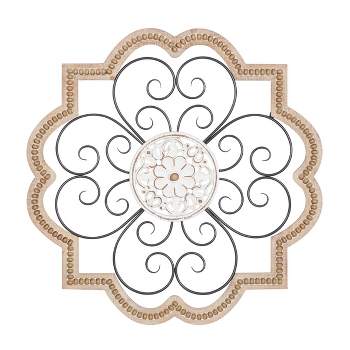 Wood Scroll Carved Beading Wall Decor with Metal Accents Brown - Olivia & May