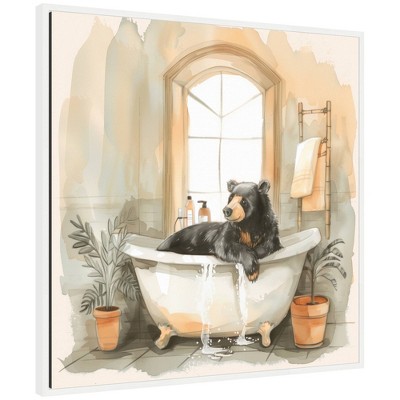 Kate & Laurel All Things Decor 30"x30" Sylvie Black Bear Bathroom Watercolor Framed Canvas by The Creative Bunch Studio White