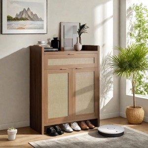 Modern Rattan Shoe Cabinet With Storage,32“Boho Style Shoe Organizer Storage Cabinet ,Wooden Freestanding Shoe Rack Cabinet for Entryway,Brown - 1 of 4