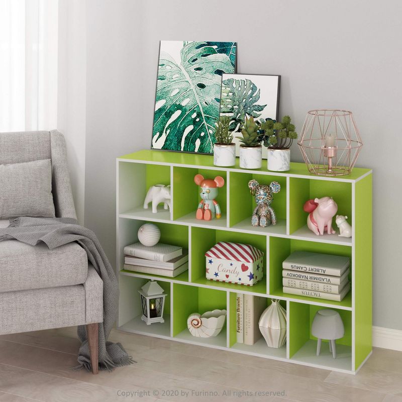 Furinno Luder 11-Cube Reversible Open Shelf Bookcase, White/Green, 1 of 5