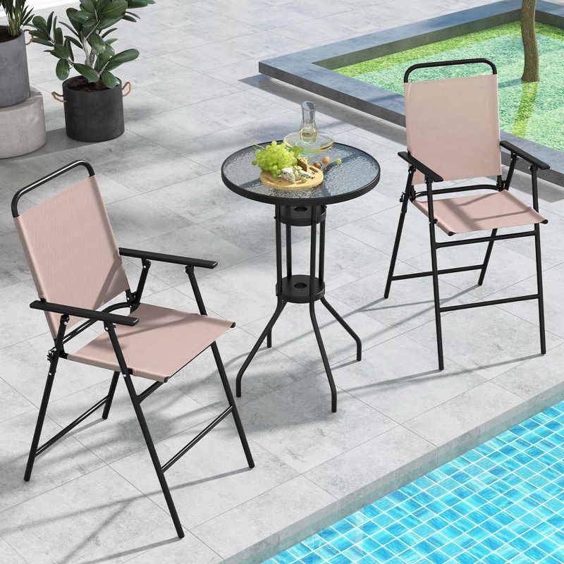 Costway 3PCS Patio Bistro Set Folding Chairs Round Bar Table with 1.6'' Umbrella Hole Yard, 2 of 11