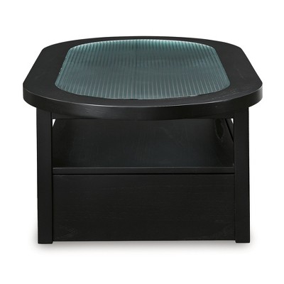 Black Oval Wood and Glass Lift-Top Coffee Table with Storage