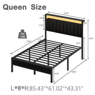 Furnulem Bed Frame with Charging Station and LED Lights, Platform Bed Grey Upholstered Headboard with 2-Tier Storage Shelves, No Box Spring Needed