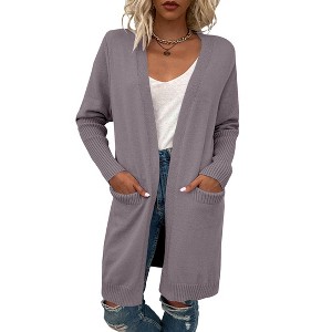 Women's Long Cardigans Cozy Open Front Casual Fall Sweater Coat with Pocket - 1 of 4