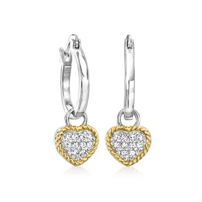 Ross-Simons 0.15 ct. t.w. Diamond Removable Heart Charm Hoop Drop Earrings in Sterling Silver and 14kt Yellow Gold