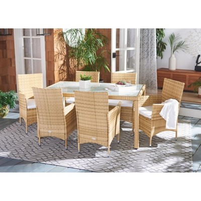 Natural Wicker 6-Person Outdoor Dining Set with Glass Table