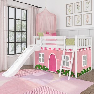 Twin Over Twin Low Bunk With Easy Slide & Light Pink & White Farmhouse Curtain - 1 of 4
