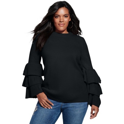 Roaman's Women's Plus Size Bell-Sleeve Pointelle Cardigan Sweater 