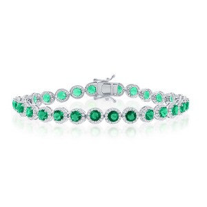 Bella Silver Sterling Silver,  Round Halo White & Emerald CZ Linked Bracelet - Green - 7.5 Inch - 1 of 2