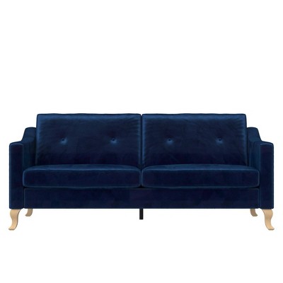 Luxe Blue Velvet Tufted Sofa with Sloped Arms and Wood Accents