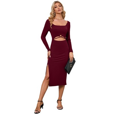 Womens Cocktail Dress Long Sleeve Square Neck Knee Length Side Slit Cut Out Knit Bodycon Dresses Wine Red M